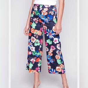 CHARLIE B Navy Floral Wide-Leg Pants with Multicolor Blooms Patch Pockets